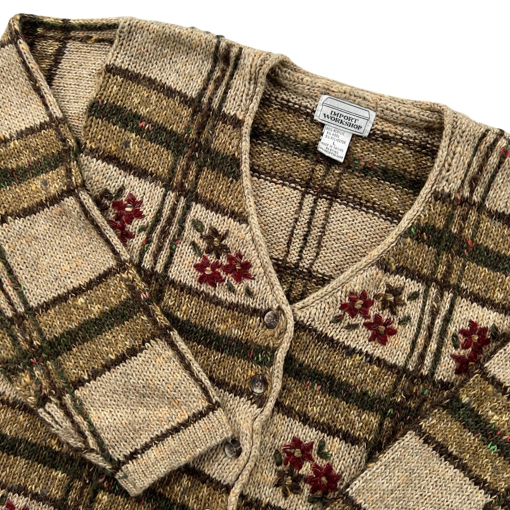 Vintage 90s Import Workshop Cardigan Women L Brown Floral Plaid Knit Cottagecore